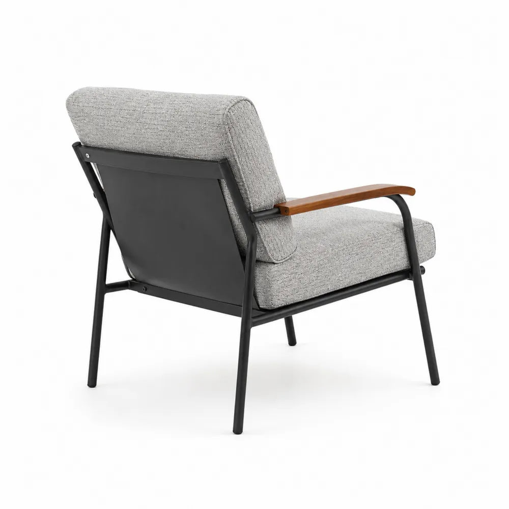 Fauteuil en tissu gris, cadre métal, accoudoirs bois