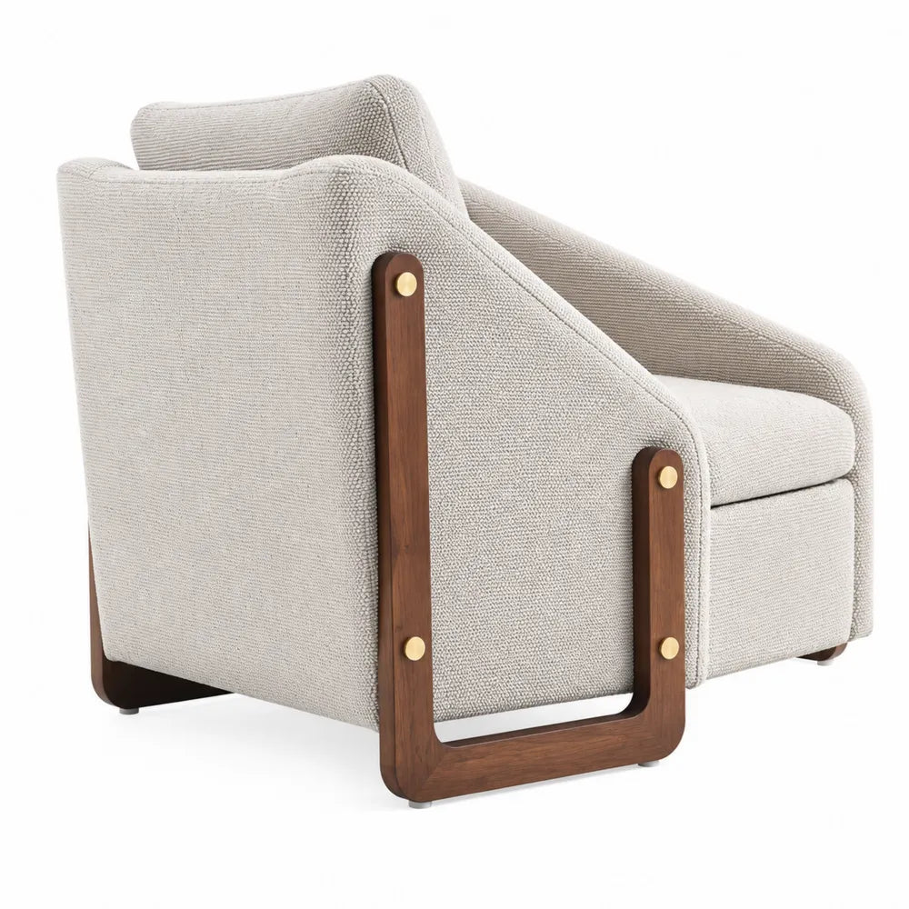 Fauteuil en bois de noyer avec revêtement en tissu beige