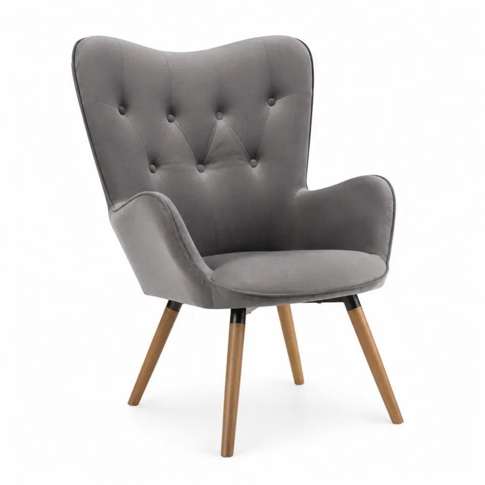 Fauteuil en velours gris avec pieds en bois de hêtre
