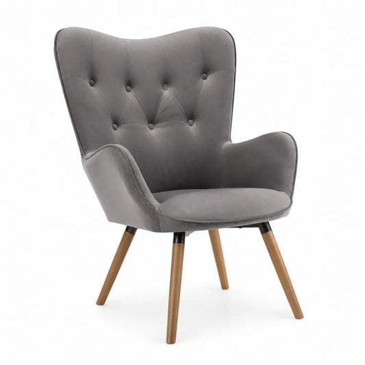 Fauteuil en velours gris avec pieds en bois de hêtre