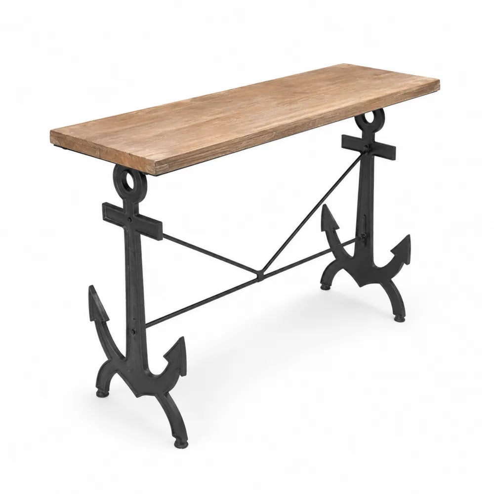 Console en bois de chêne et métal noir avec motif ancre