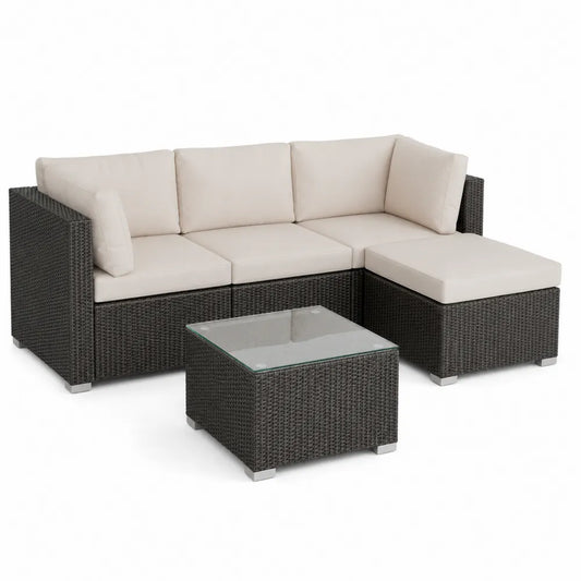 Ensemble de canapé d'angle en résine tressée avec table basse en verre