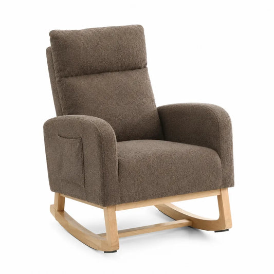 Fauteuil à bascule en bois et tissu polyester marron