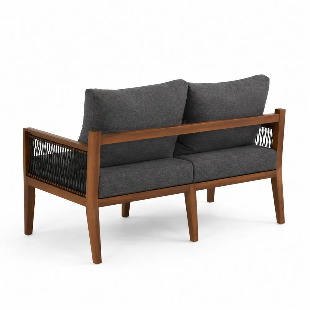 Canapé en bois à 2 places avec coussins en tissu gris