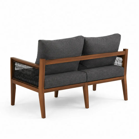 Canapé en bois à 2 places avec coussins en tissu gris