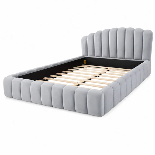 Lit double en bois et velours gris 160x200 cm