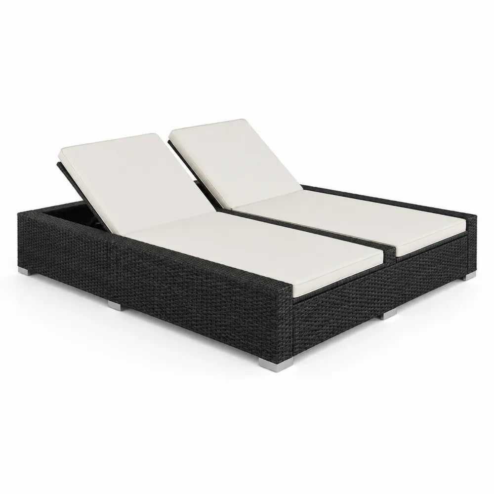 Lit de jour double en rotin synthétique Noir avec coussins Crème 200x180cm