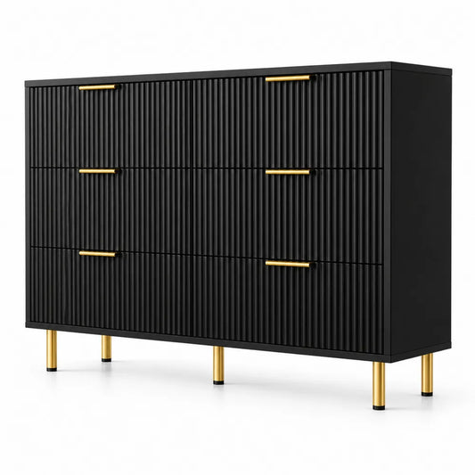 Commode trois tiroirs en bois noir, poignées et pieds dorés