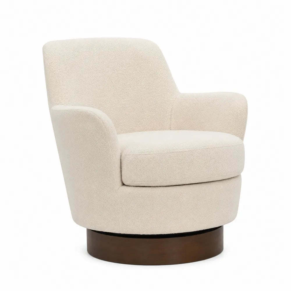 Fauteuil pivotant en bois et tissu bouclé Crème