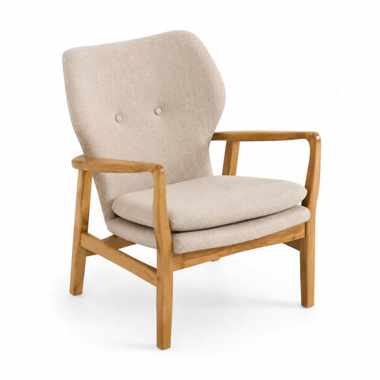 Fauteuil en bois avec revêtement en tissu lin beige